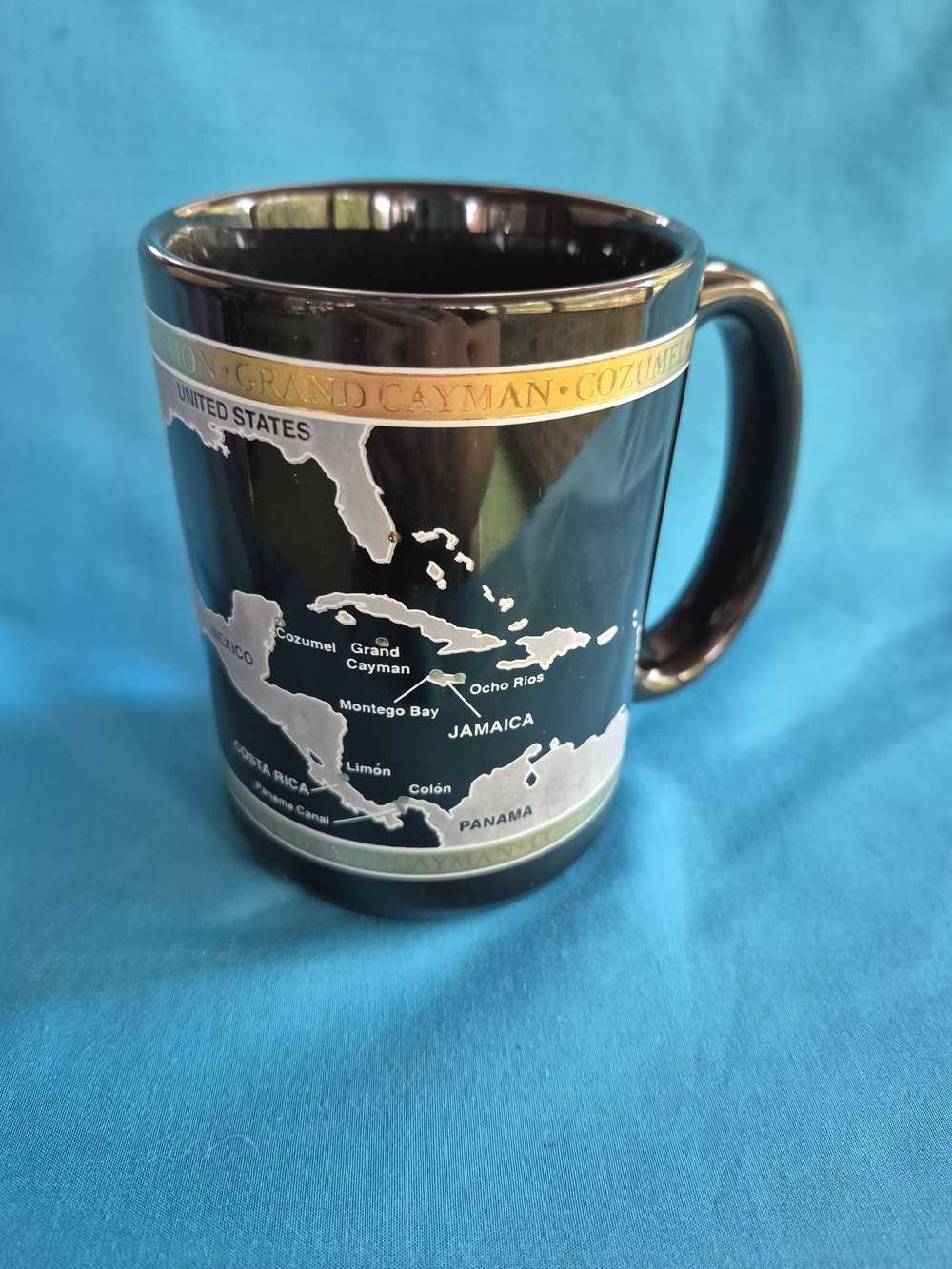 Panama Canal Coral Princess Cruise Coffee Mug Tea Stoneware Black & Gold Kitchen